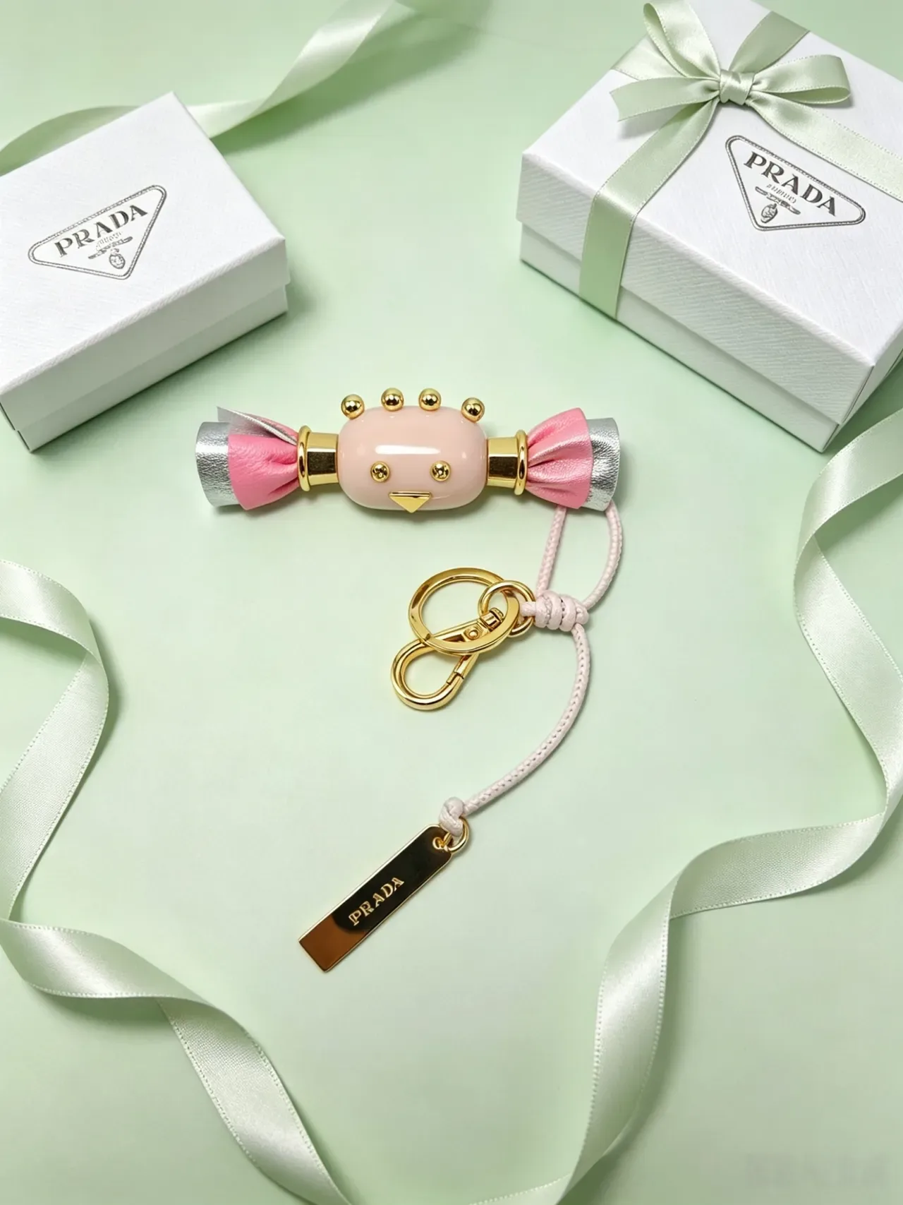 Prada Pink Gold Candy-Shaped Charm Leather Bow Detail Crossbody Bag 8
