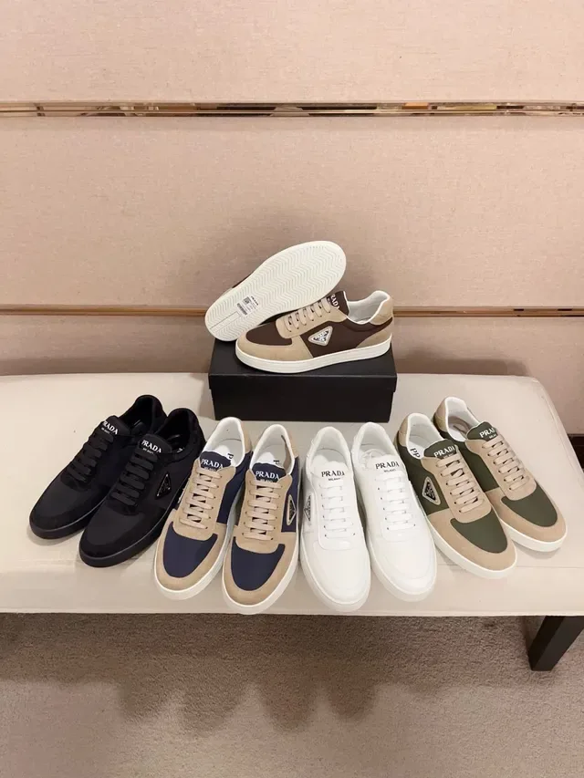 Prada Re-Edition Navy Beige Two-Tone Suede And Nylon Triangular Logo Plaque Lifestyle Sneakers 5