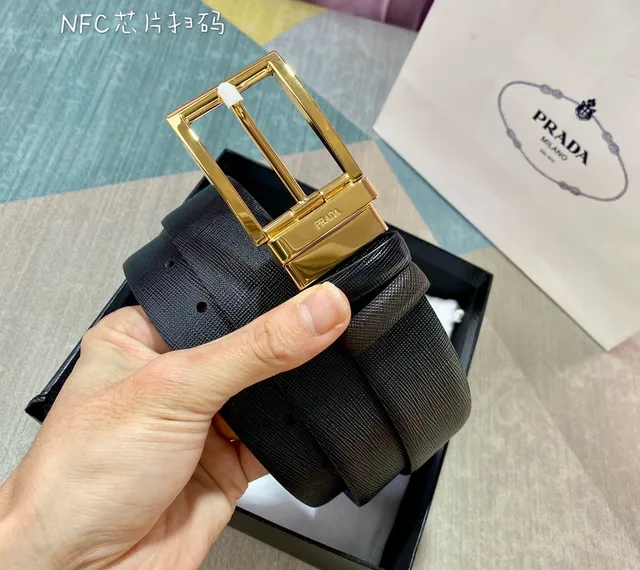 Prada Reversible Belt Brown Gold Saffiano Textured Leather Belt 5