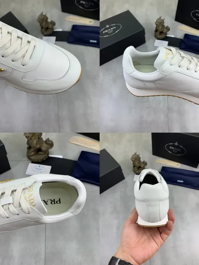 Prada White Beige Leather Upper Gum Rubber Sole Lifestyle Sneakers 2