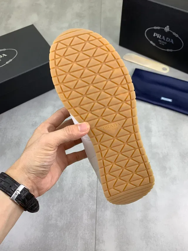 Prada White Beige Leather Upper Gum Rubber Sole Lifestyle Sneakers 3