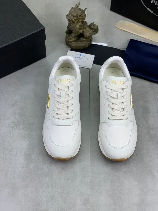 Prada White Beige Leather Upper Gum Rubber Sole Lifestyle Sneakers 4