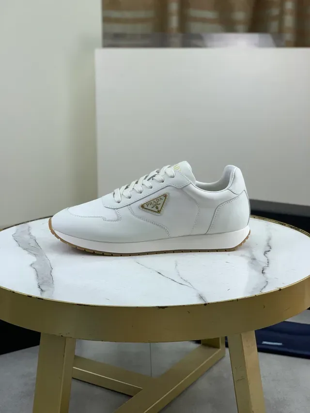 Prada White Beige Leather Upper Gum Rubber Sole Lifestyle Sneakers 5