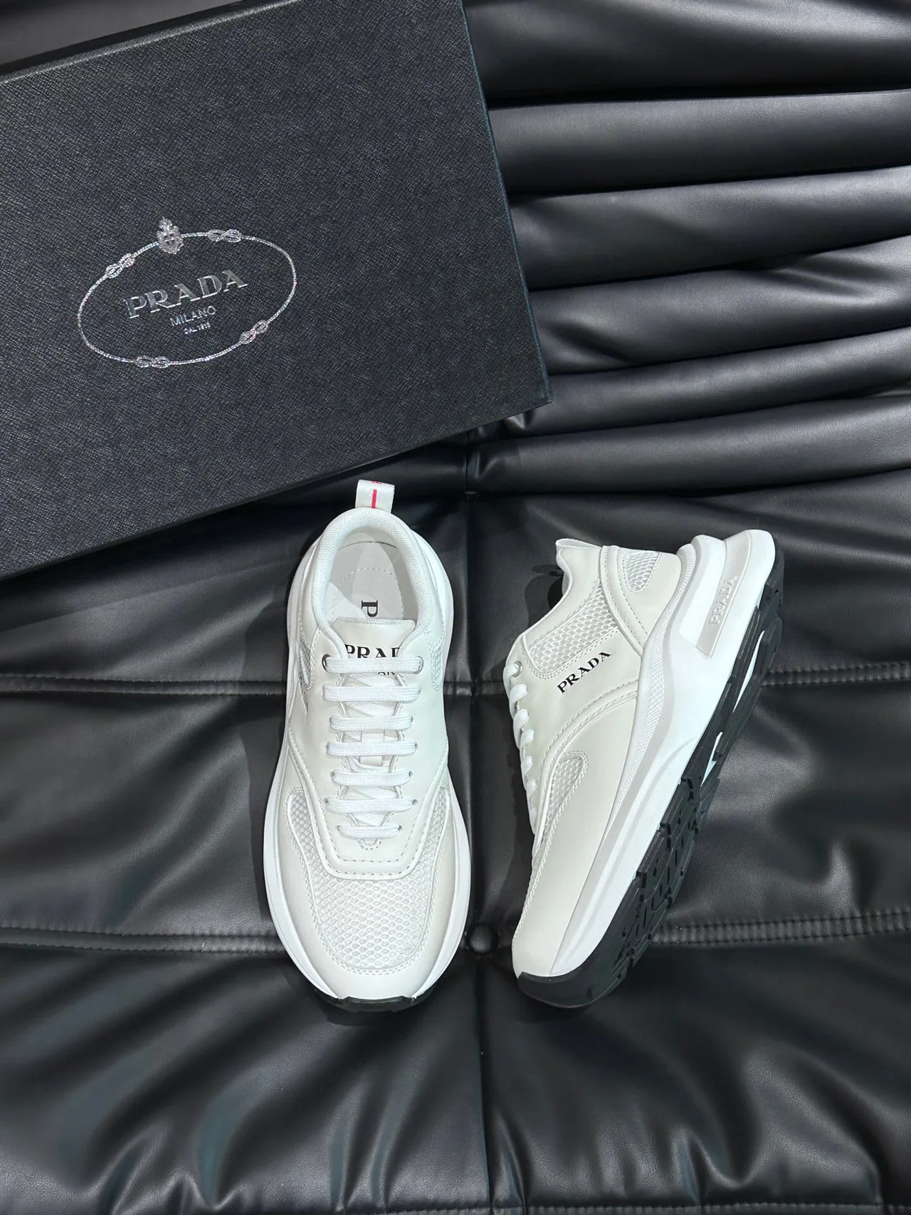 Prada White Black Mesh-and-Leather Upper Low-Top Silhouette Lifestyle Sneakers 2
