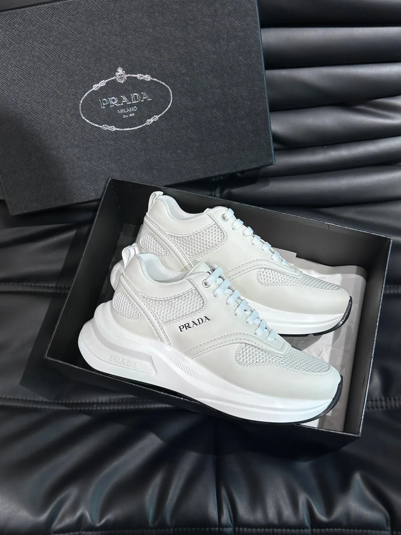 Prada White Black Mesh-and-Leather Upper Low-Top Silhouette Lifestyle Sneakers 4