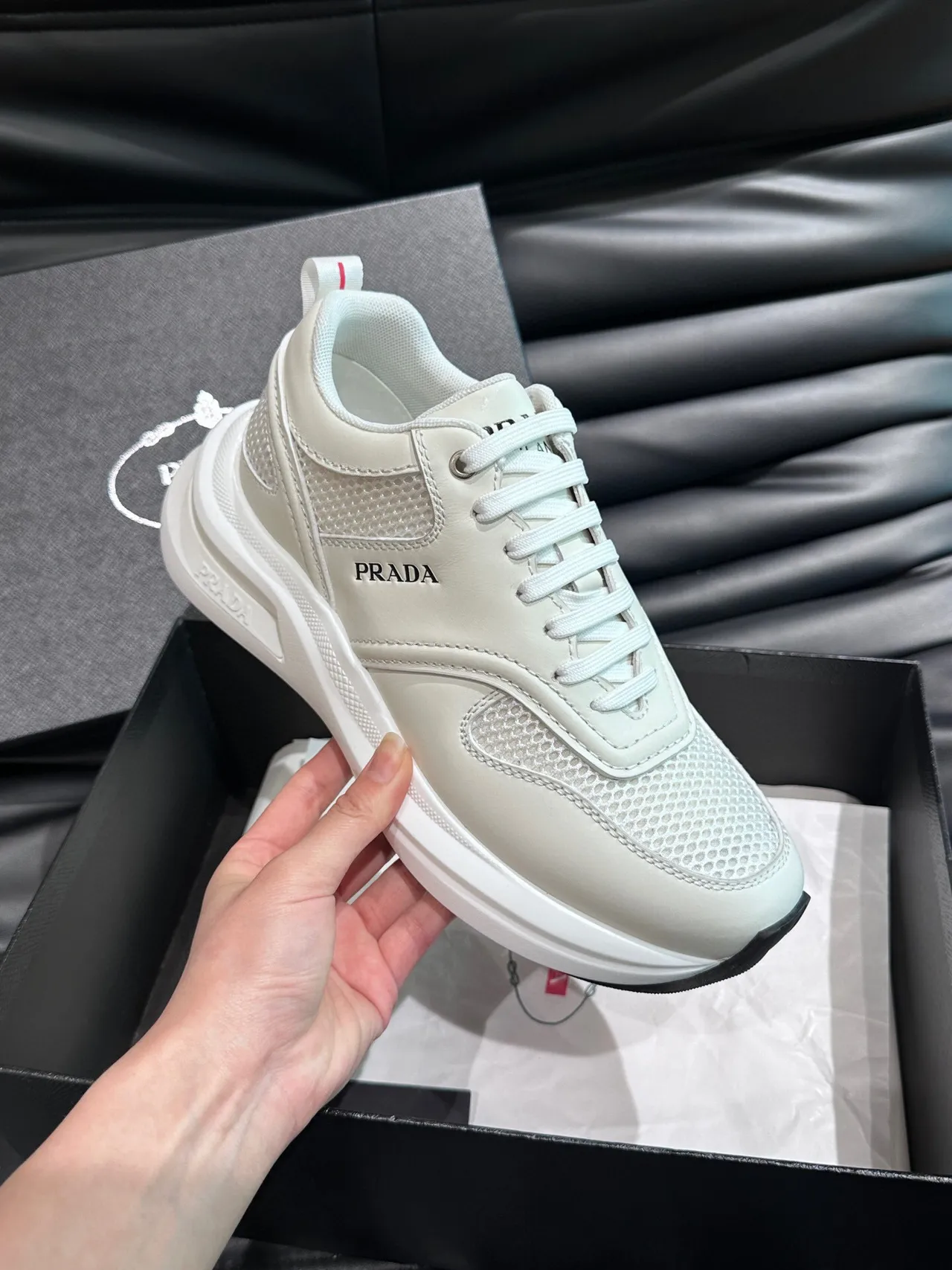 Prada White Black Mesh-and-Leather Upper Low-Top Silhouette Lifestyle Sneakers 5