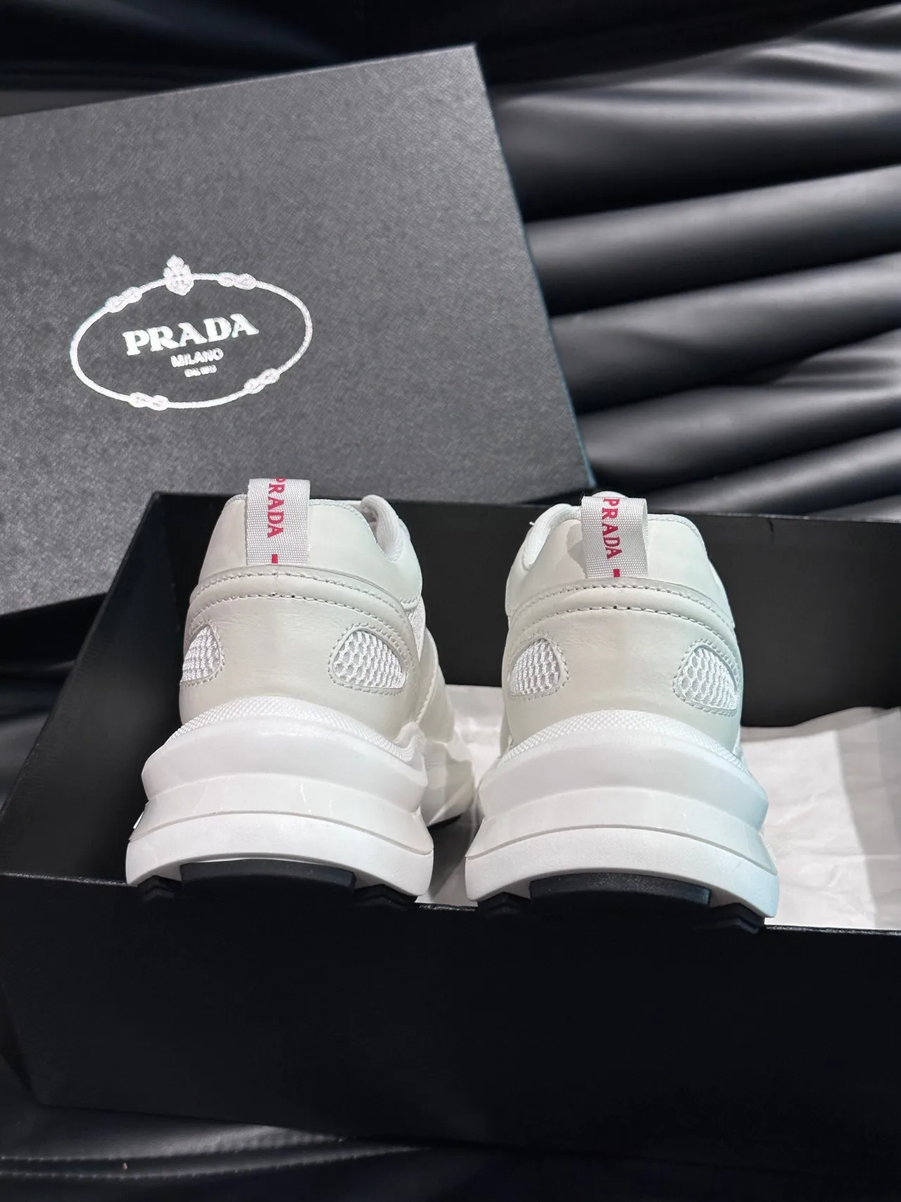 Prada White Black Mesh-and-Leather Upper Low-Top Silhouette Lifestyle Sneakers 8
