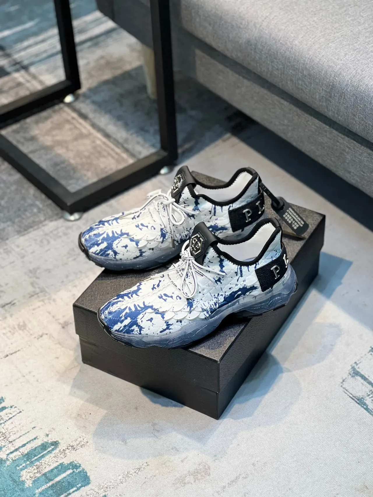 Prada White Blue Quilted Upper Splatter Print Chunky Sneakers 7
