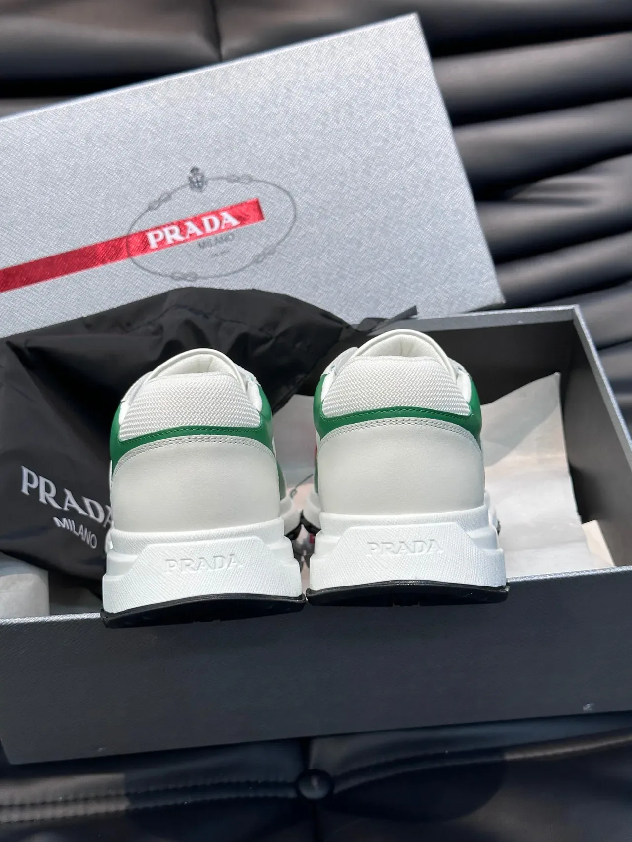 Prada White Green Low-Top Leather Upper Lifestyle Sneakers 3