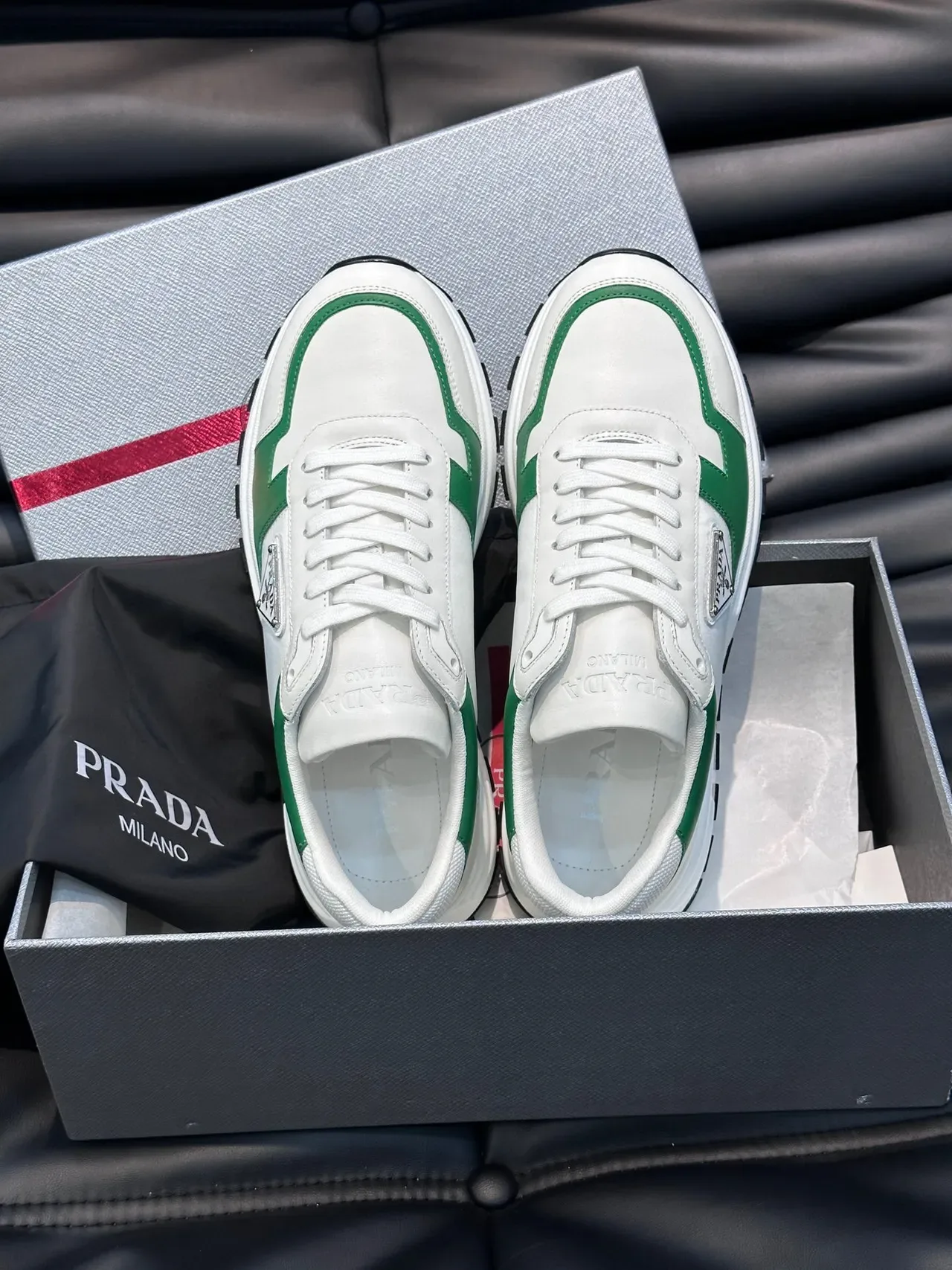 Prada White Green Low-Top Leather Upper Lifestyle Sneakers 4