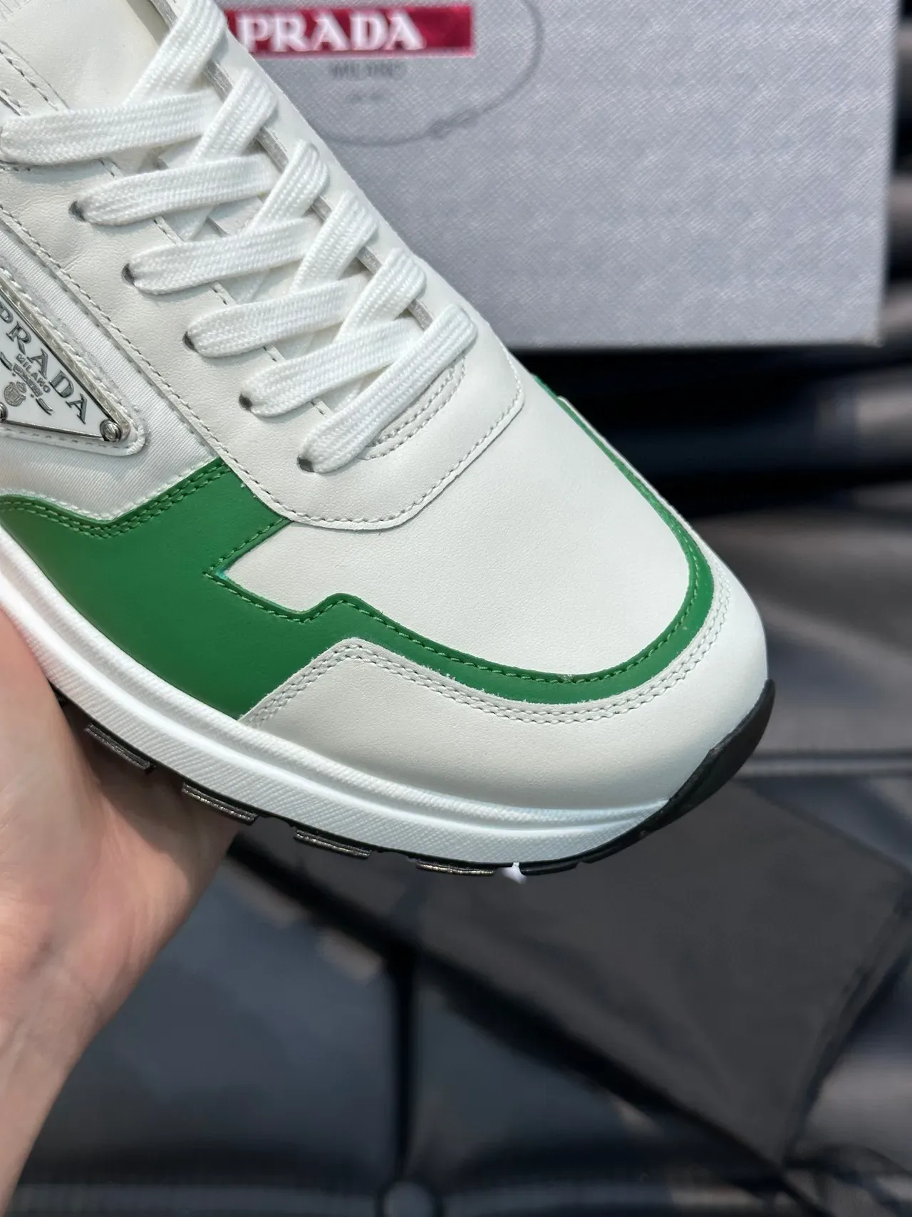 Prada White Green Low-Top Leather Upper Lifestyle Sneakers 5