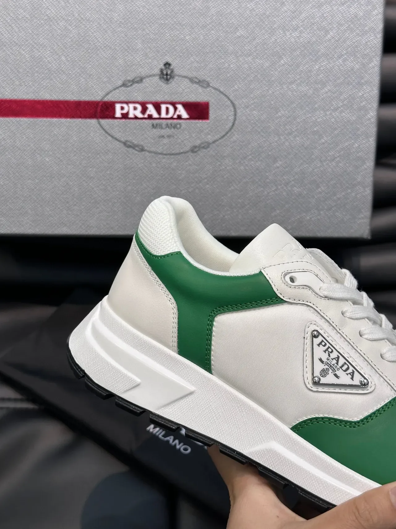 Prada White Green Low-Top Leather Upper Lifestyle Sneakers 6