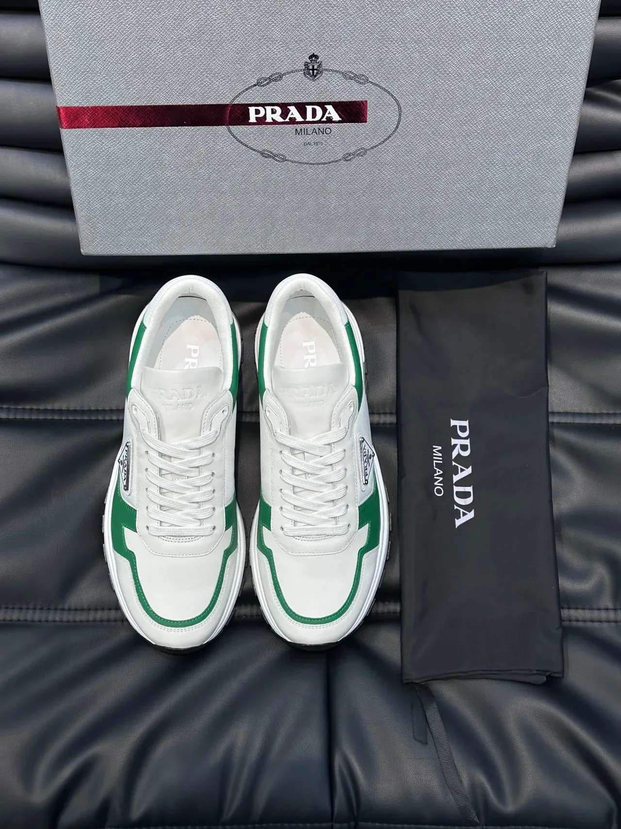 Prada White Green Low-Top Leather Upper Lifestyle Sneakers 7