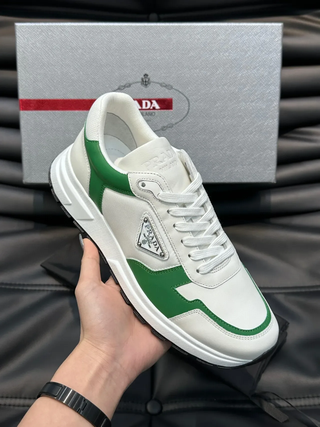 Prada White Green Low-Top Leather Upper Lifestyle Sneakers 8