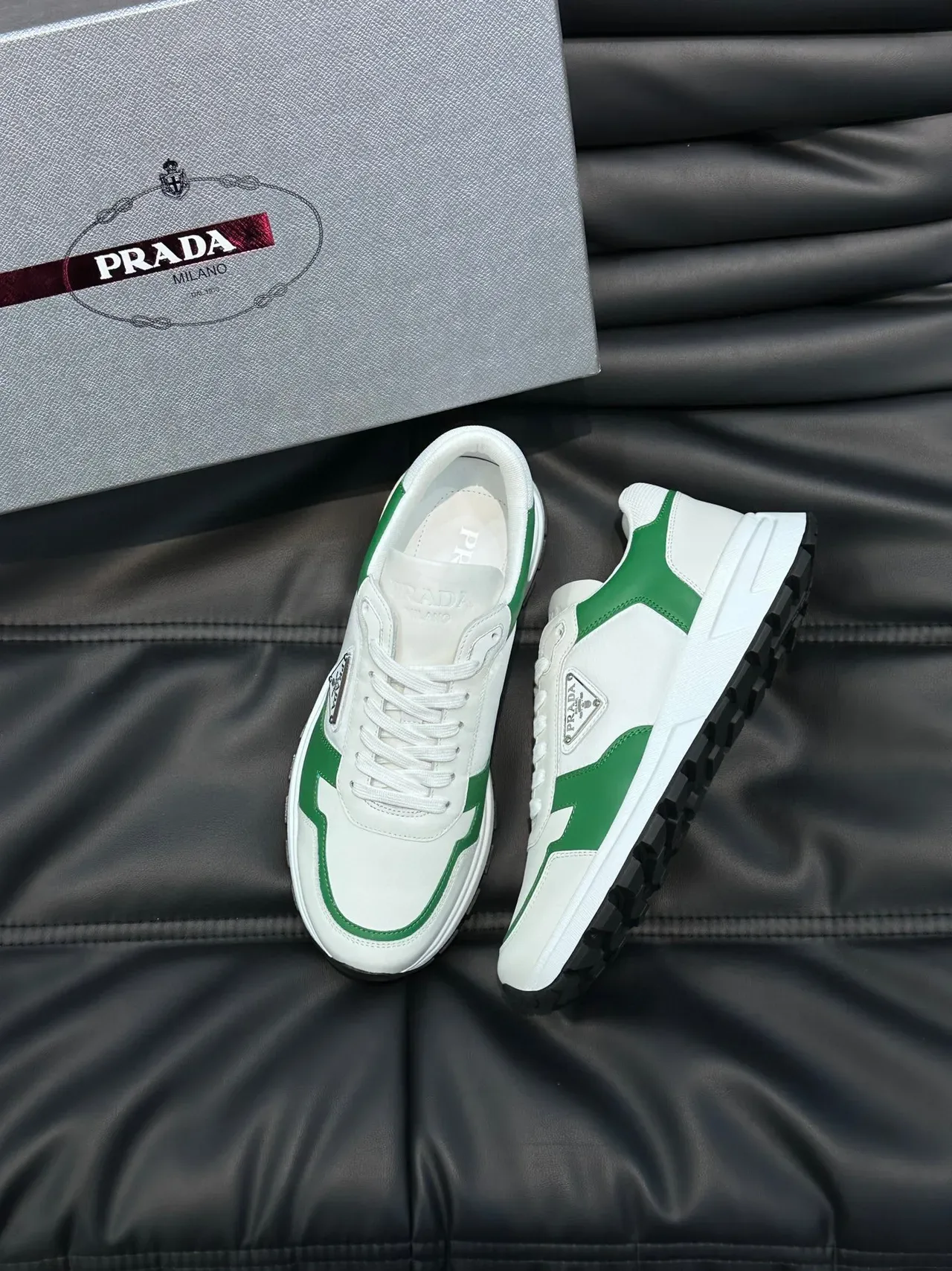 Prada White Green Low-Top Leather Upper Lifestyle Sneakers 9