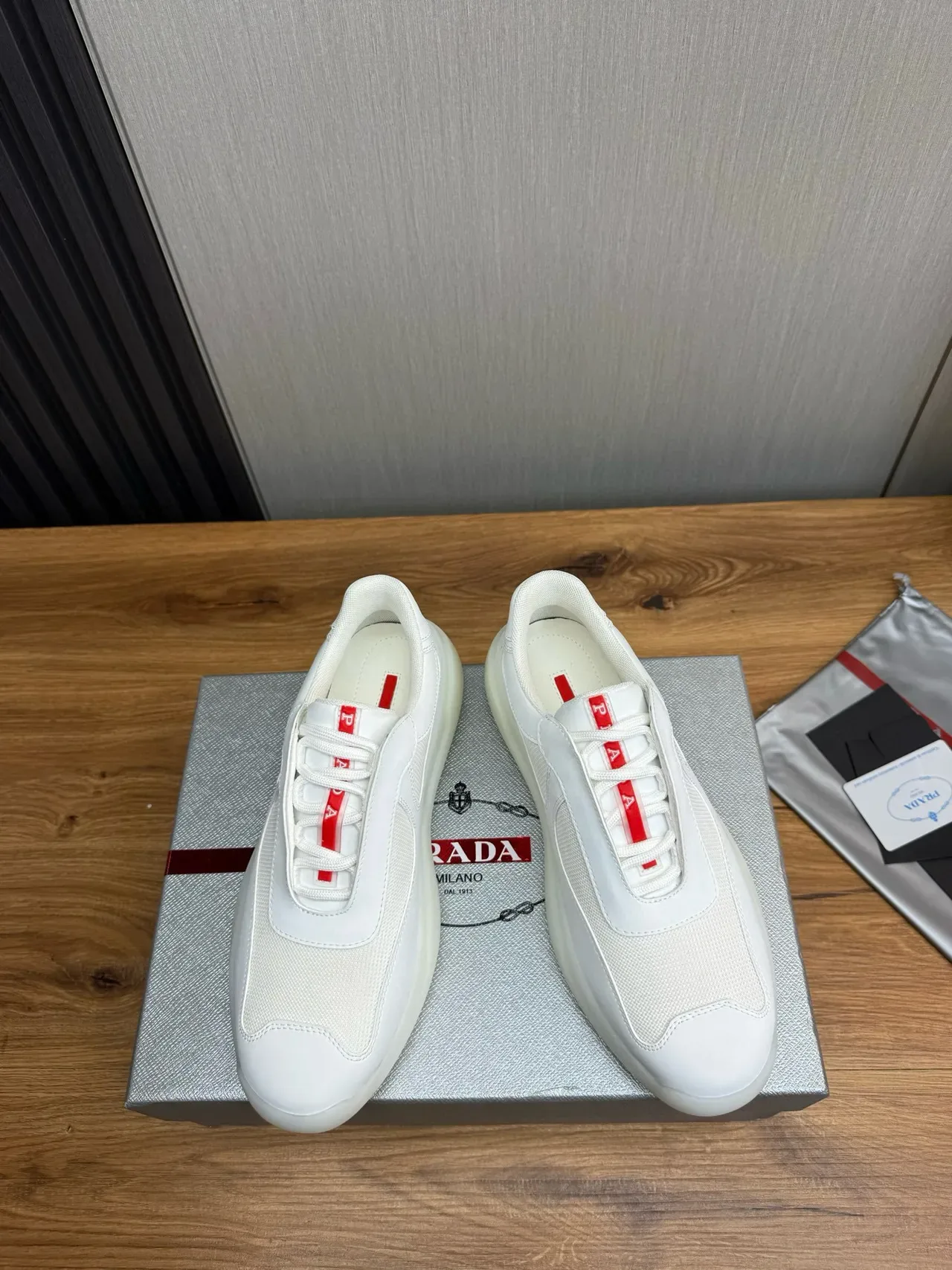 Prada White Red Mesh And Smooth Leather Upper Thick Translucent Sole Lifestyle Sneakers 2