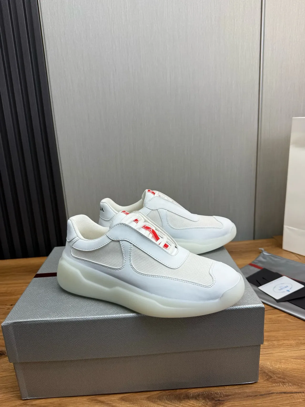 Prada White Red Mesh And Smooth Leather Upper Thick Translucent Sole Lifestyle Sneakers 3