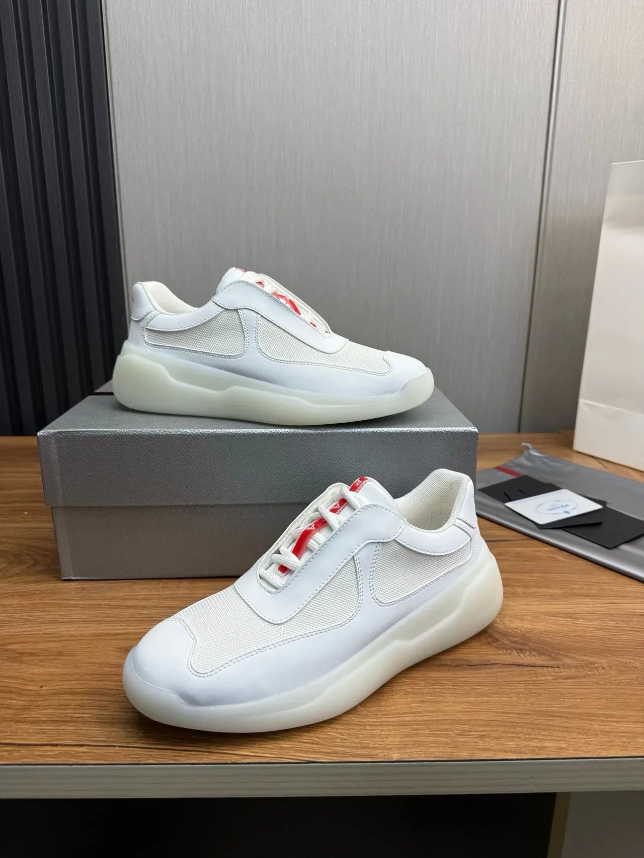 Prada White Red Mesh And Smooth Leather Upper Thick Translucent Sole Lifestyle Sneakers 4