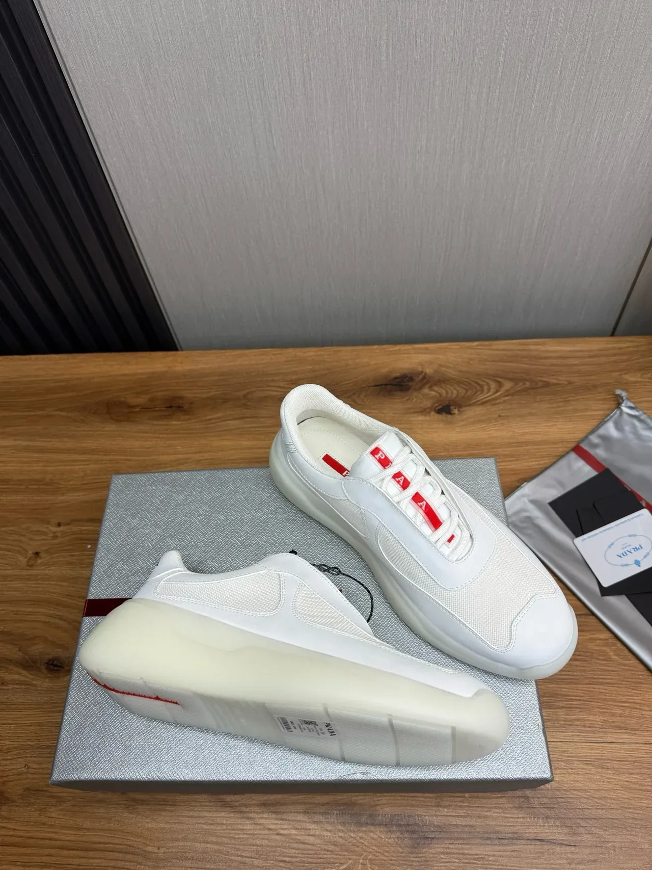 Prada White Red Mesh And Smooth Leather Upper Thick Translucent Sole Lifestyle Sneakers 6