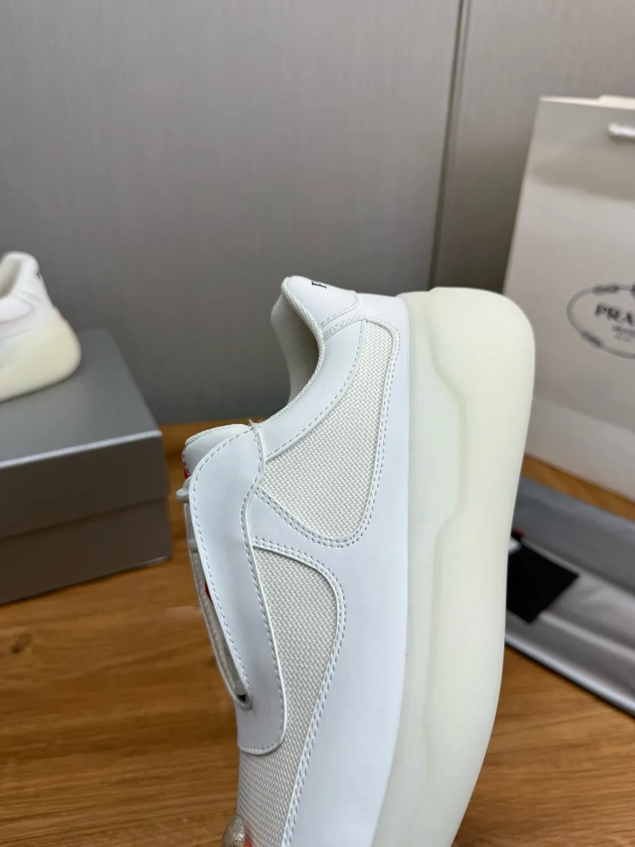 Prada White Red Mesh And Smooth Leather Upper Thick Translucent Sole Lifestyle Sneakers 8