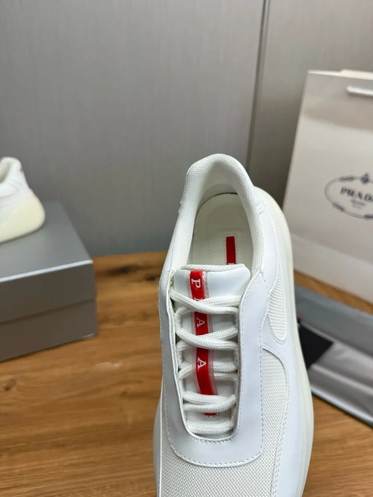 Prada White Red Mesh And Smooth Leather Upper Thick Translucent Sole Lifestyle Sneakers 9