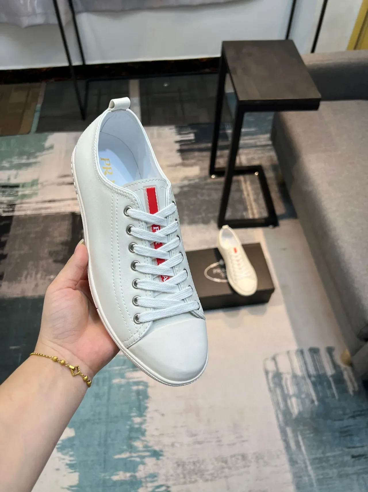Prada White Red Minimalist Smooth Leather-Like Upper Lifestyle Sneakers 6