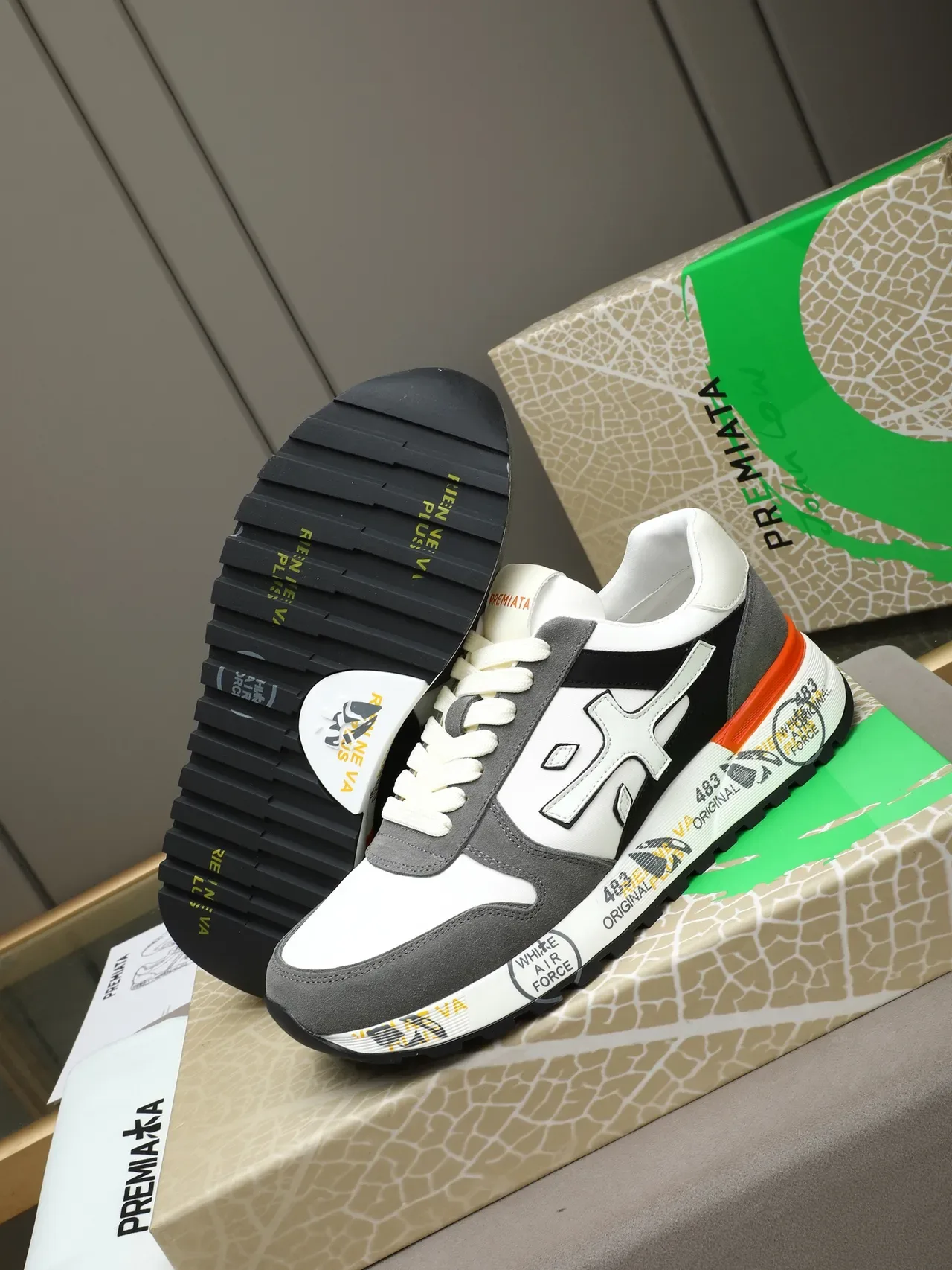 Premiata White Gray Multi-Panel Suede And Synthetic Upper H-Logo Side Emblem Sneakers 4