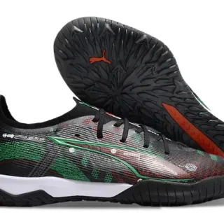 Puma Black Green Textured Synthetic Upper Geometric Pattern Overlay Indoor Soccer Shoes