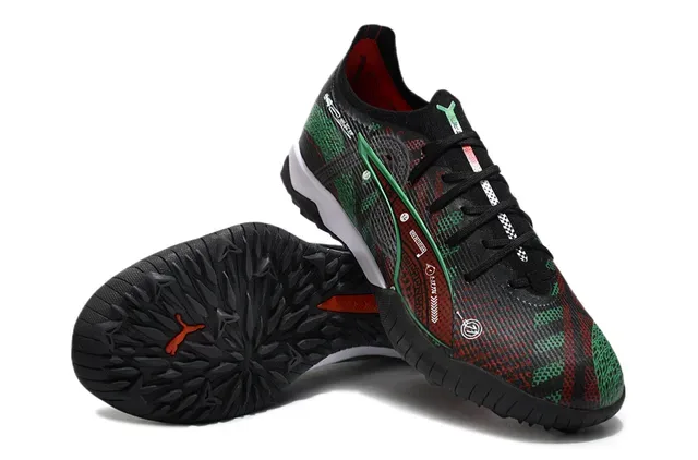 Puma Black Green Textured Synthetic Upper Geometric Pattern Overlay Indoor Soccer Shoes 4
