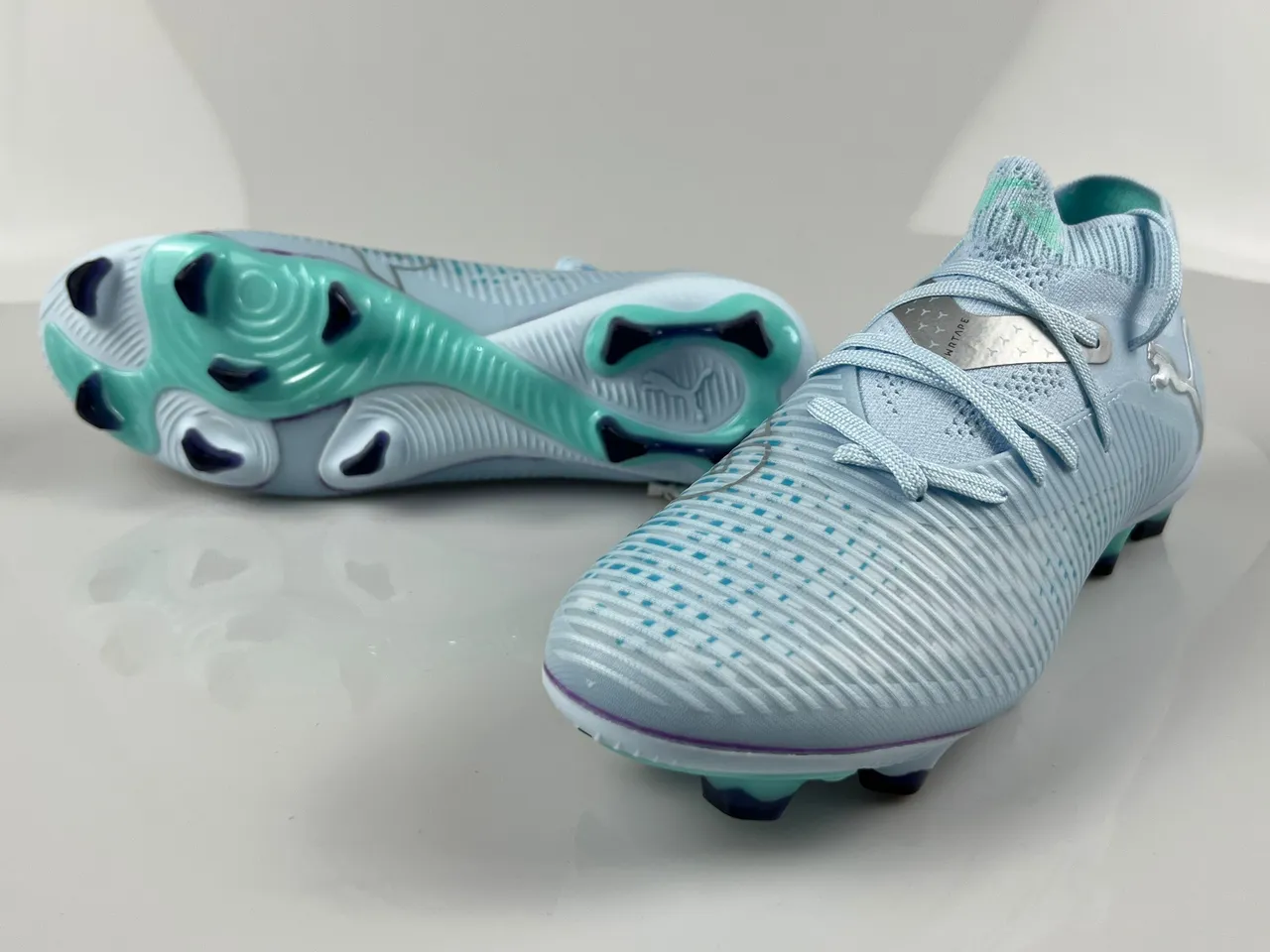 Puma Bleu Vert Col tricoté à nervures Synthétique Avant-pied Cage Sol ferme Chaussures de football 8