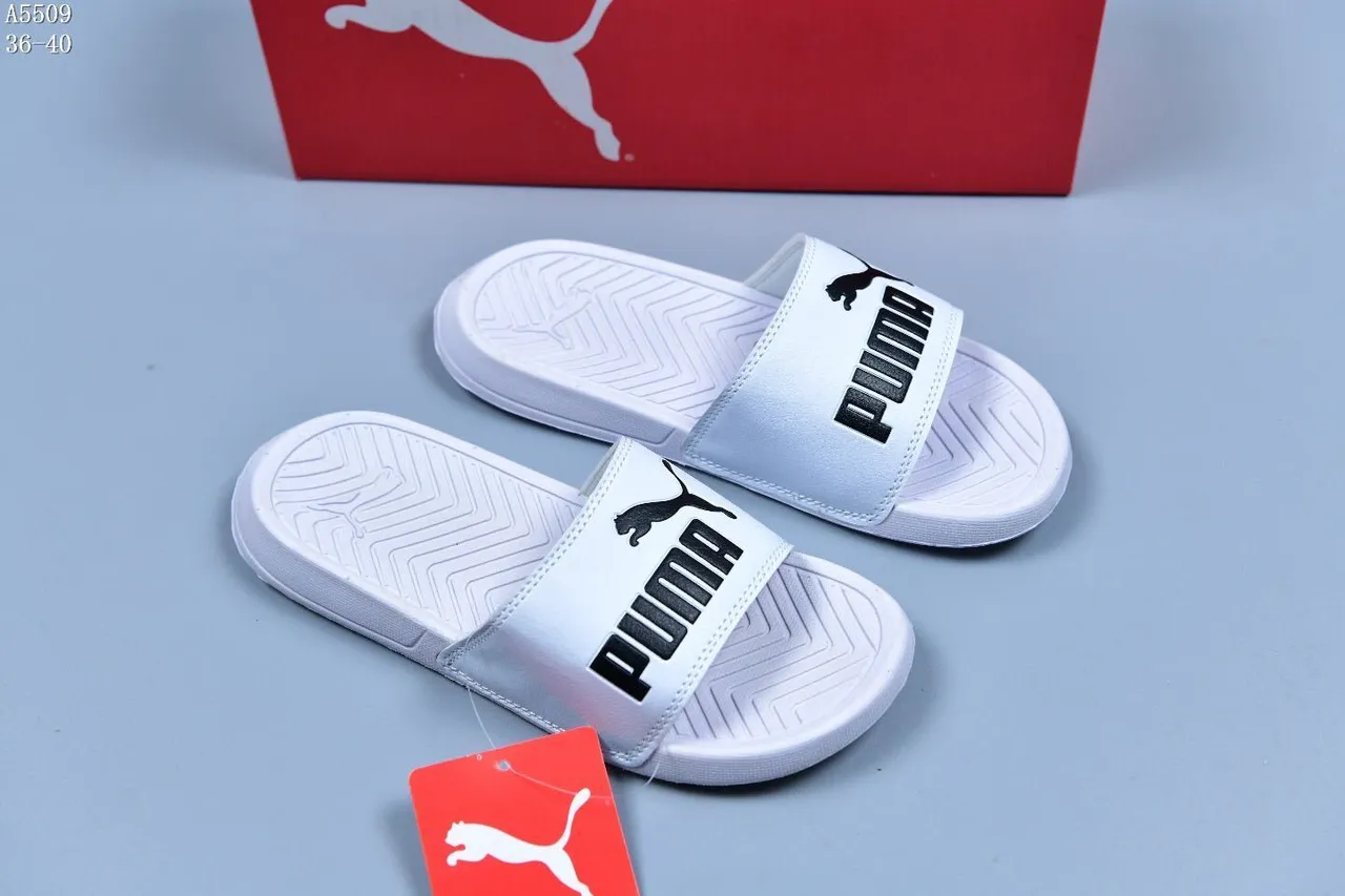 Puma Slide White Black Logo Slippers 2