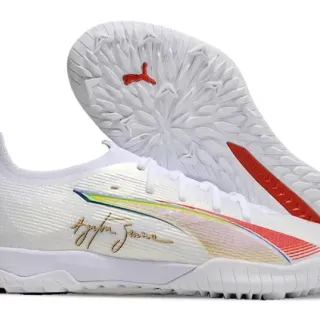 Puma White Red Low-Profile Knit Upper Iridescent Rainbow Stripe Indoor Soccer Shoes