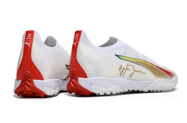Puma Chaussures de football indoor blanc rouge upper de maille bas profil rayures iridescentes arc-en-ciel 5