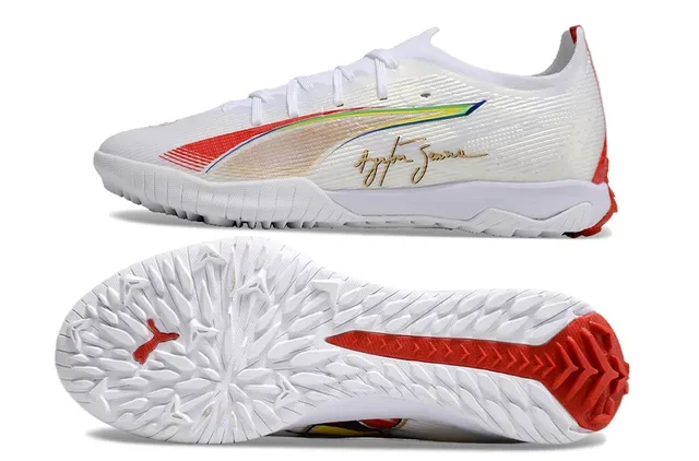 Puma Chaussures de football indoor blanc rouge upper de maille bas profil rayures iridescentes arc-en-ciel 6