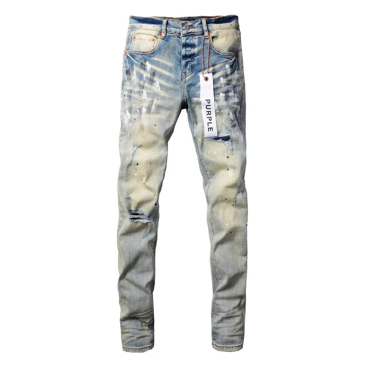 Purple Brand Distressed Paint-Splatter Light-Wash Jeans 3