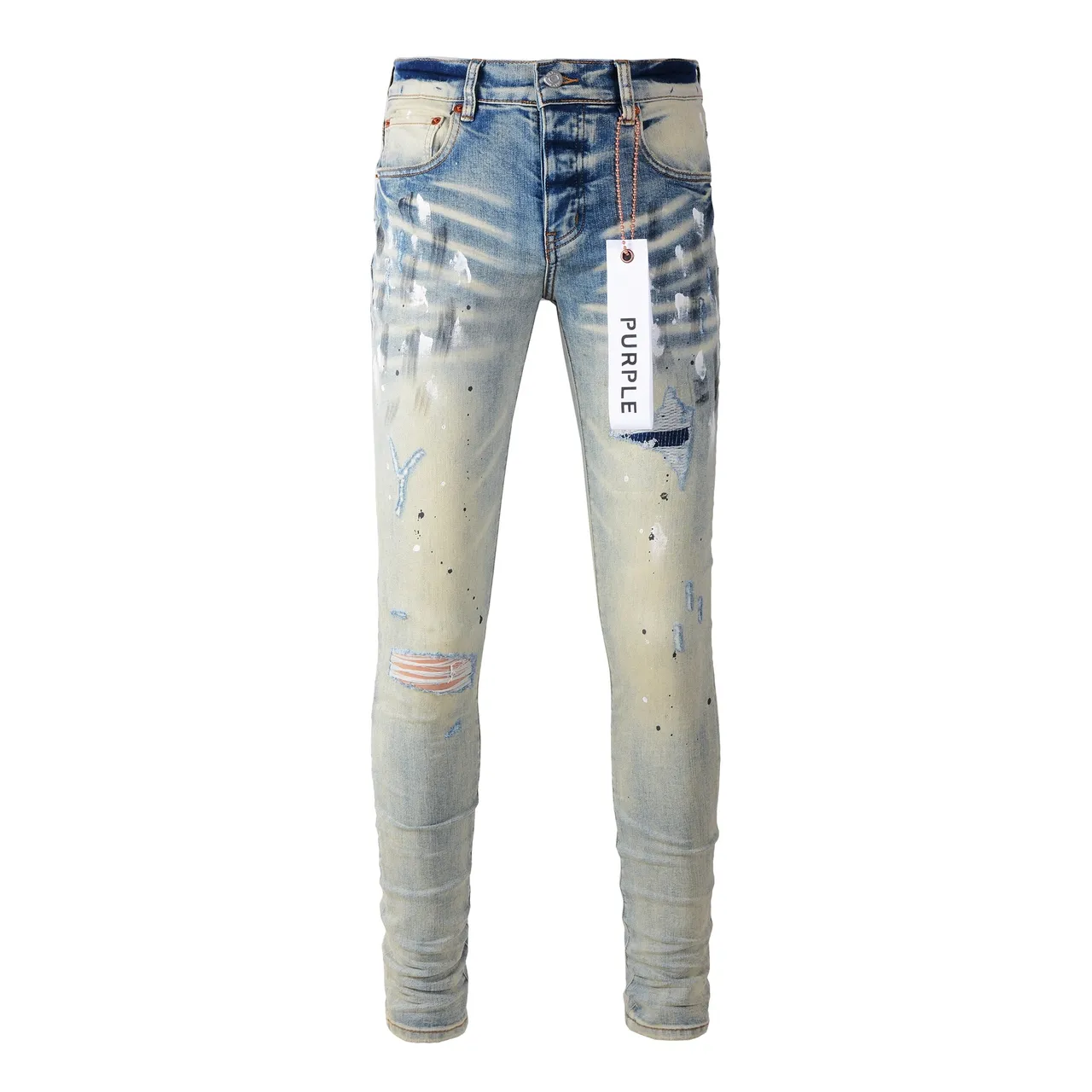 Purple Brand Distressed Paint-Splatter Light-Wash Jeans 18