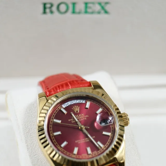 Rolex Day-Date Burgundy Dial Gold Fluted Bezel Red Leather Strap Mechanical Watch 4