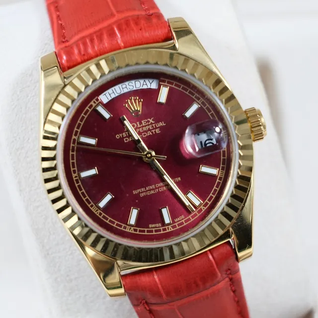 Rolex Day-Date Burgundy Dial Gold Fluted Bezel Red Leather Strap Mechanical Watch 5