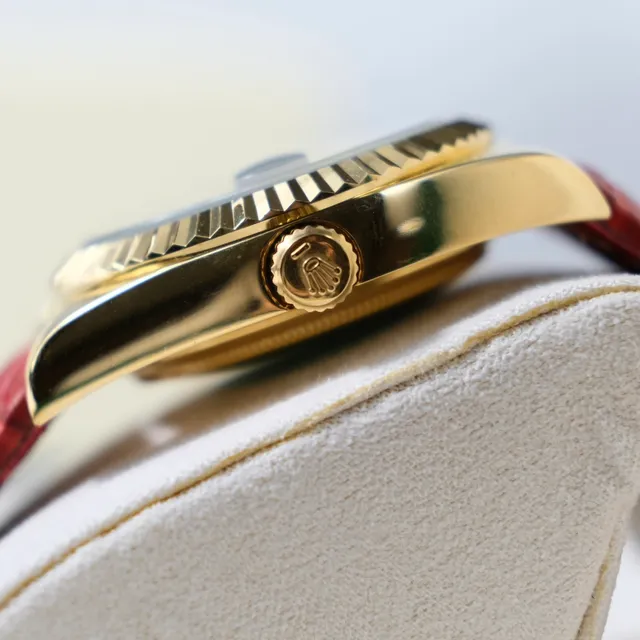 Rolex Day-Date Burgundy Dial Gold Fluted Bezel Red Leather Strap Mechanical Watch 6