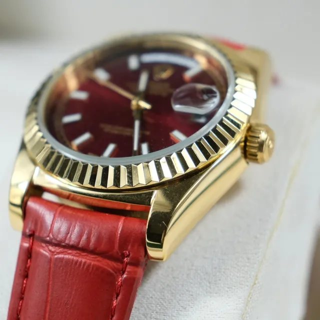 Rolex Day-Date Burgundy Dial Gold Fluted Bezel Red Leather Strap Mechanical Watch 7