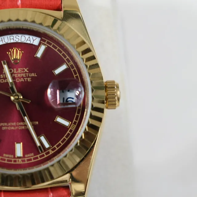 Rolex Day-Date Burgundy Dial Gold Fluted Bezel Red Leather Strap Mechanical Watch 8
