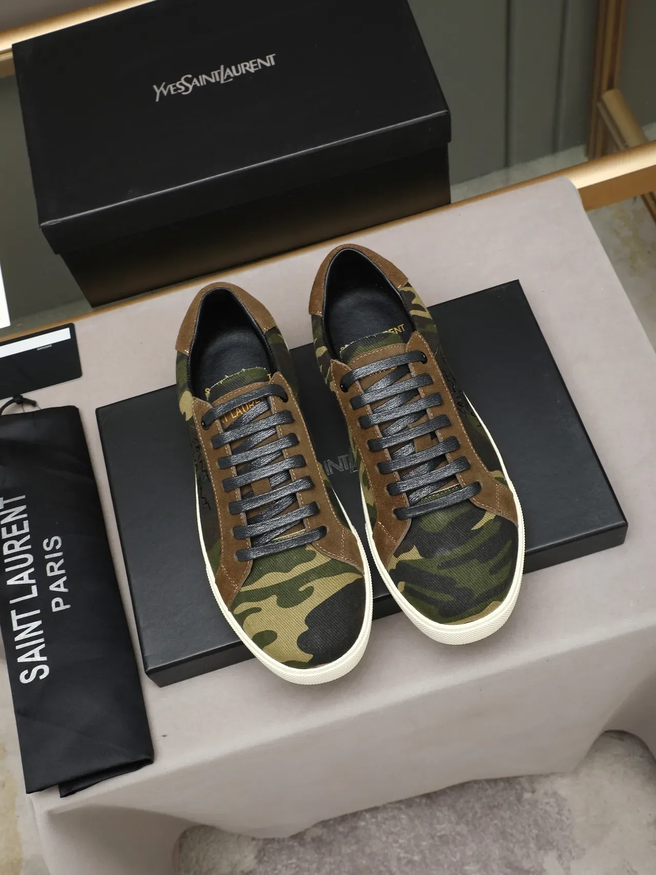 Saint Laurent Army Green Brown Camouflage Canvas Suede Accents Lifestyle Sneakers 3