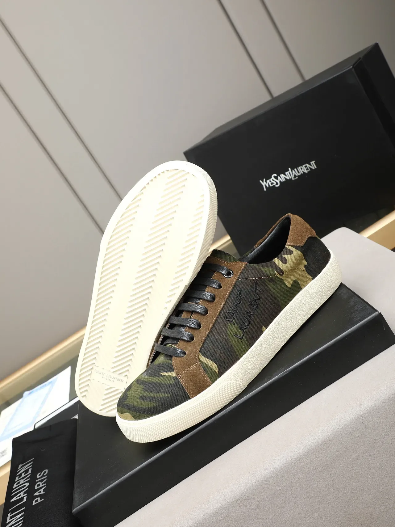 Saint Laurent Army Green Brown Camouflage Canvas Suede Accents Lifestyle Sneakers 4