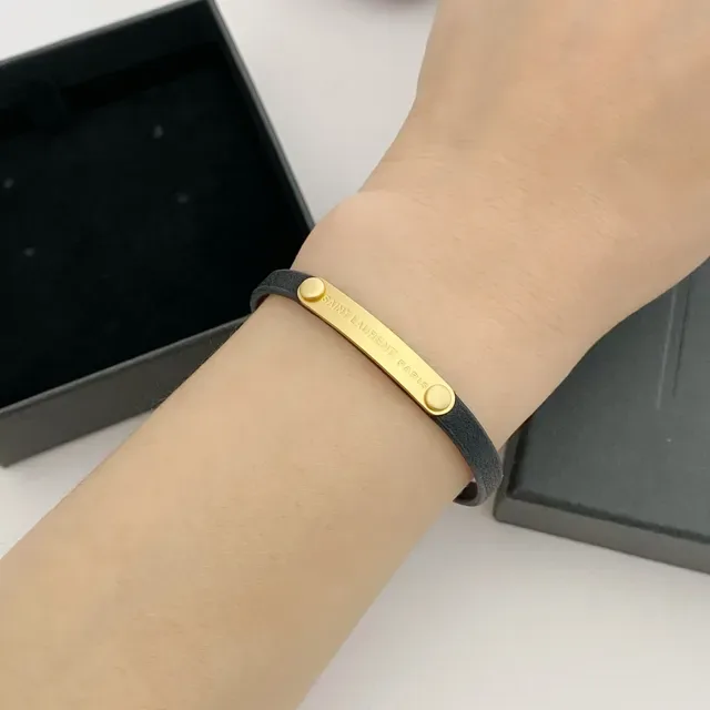 Saint Laurent Bracelet Noir Or Bande Caoutchouc Fermoir H-Bar 2