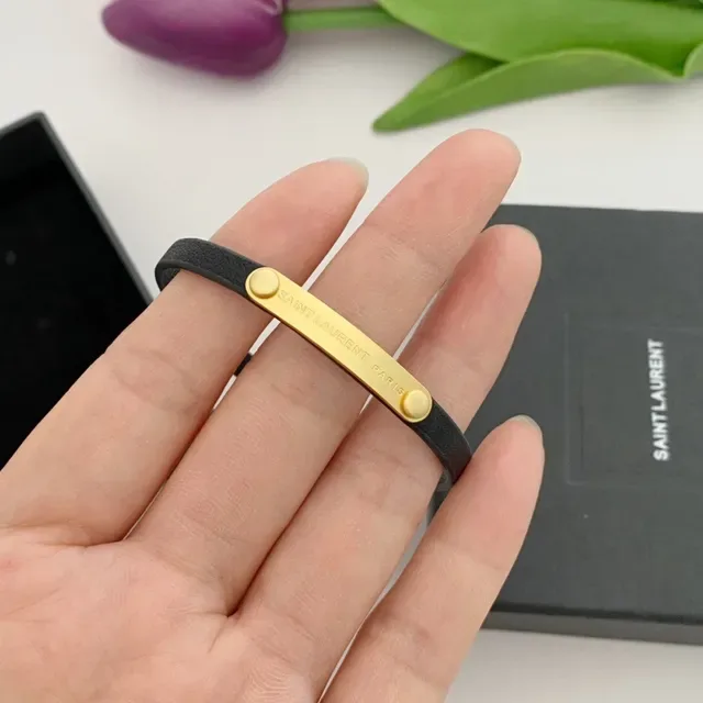 Saint Laurent Bracelet Noir Or Bande Caoutchouc Fermoir H-Bar 3