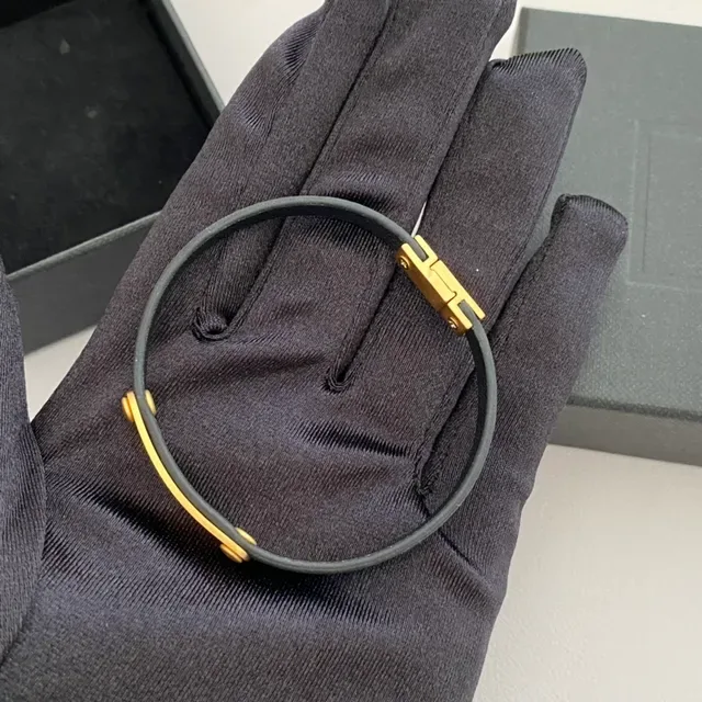 Saint Laurent Bracelet Noir Or Bande Caoutchouc Fermoir H-Bar 4