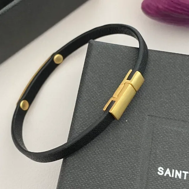 Saint Laurent Bracelet Noir Or Bande Caoutchouc Fermoir H-Bar 6