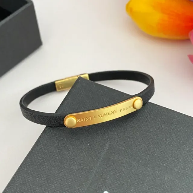 Saint Laurent Bracelet Noir Or Bande Caoutchouc Fermoir H-Bar 7