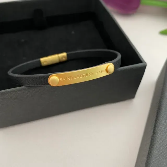 Saint Laurent Bracelet Noir Or Bande Caoutchouc Fermoir H-Bar 8