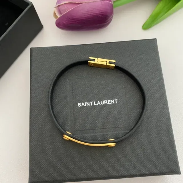 Saint Laurent Bracelet Noir Or Bande Caoutchouc Fermoir H-Bar 9